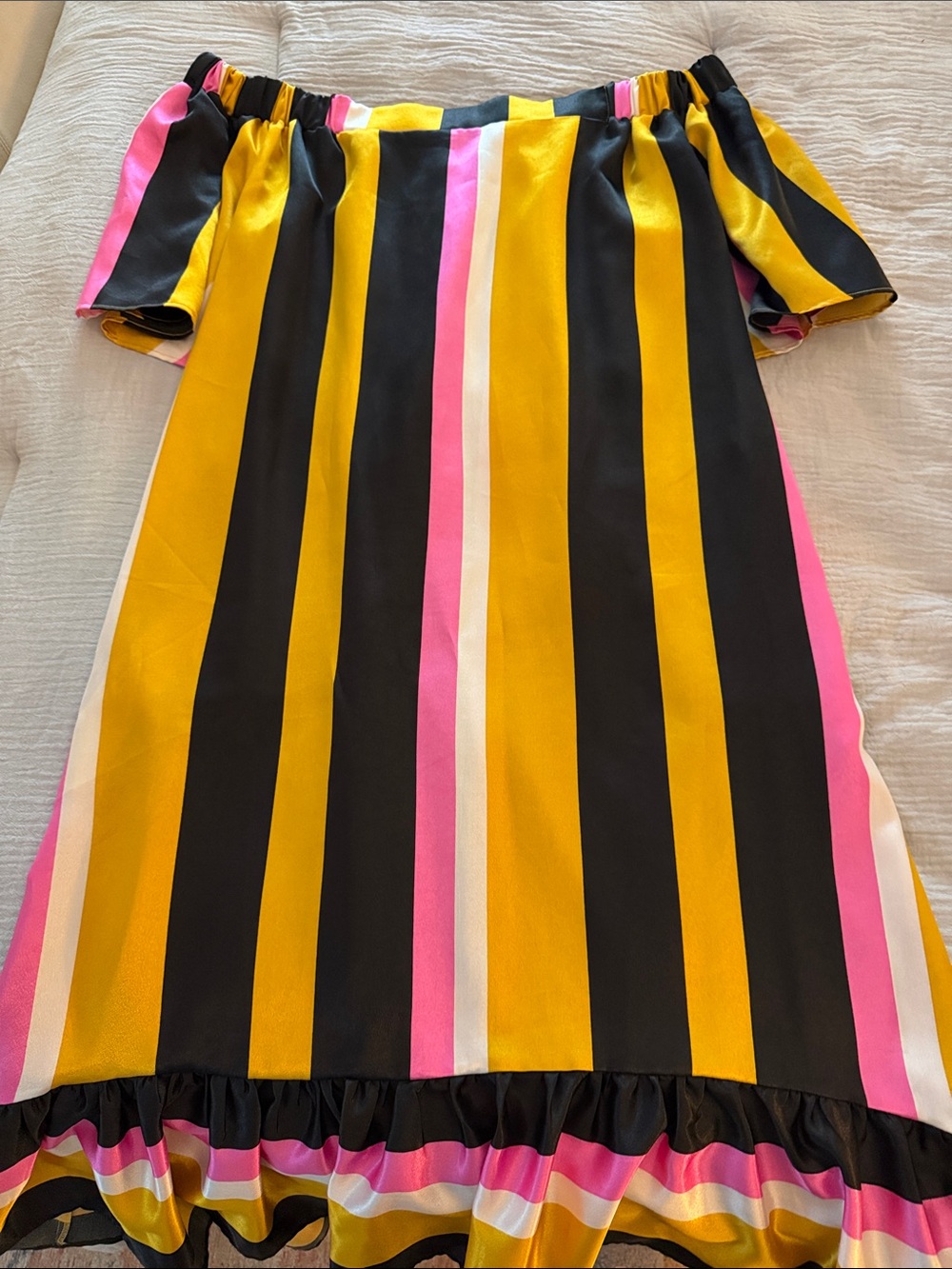 Off-Shoulder Striped Summer Dress in Yellow, Black & Pink